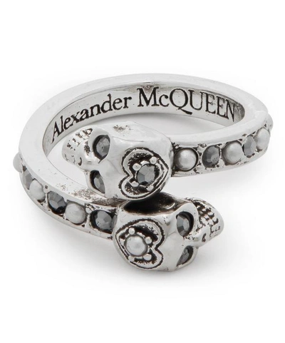 Shop Alexander Mcqueen Silver-tone Twin Skull Wrap Ring