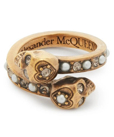 Shop Alexander Mcqueen Gold-tone Twin Skull Wrap Ring