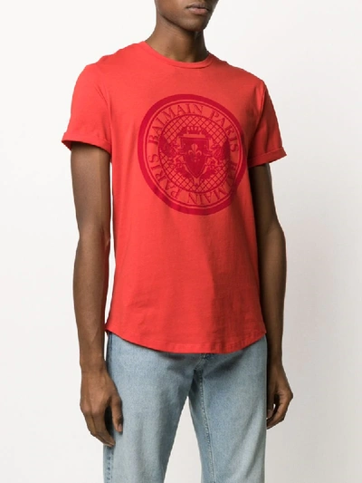 Shop Balmain Crest Logo T-shirt In Red
