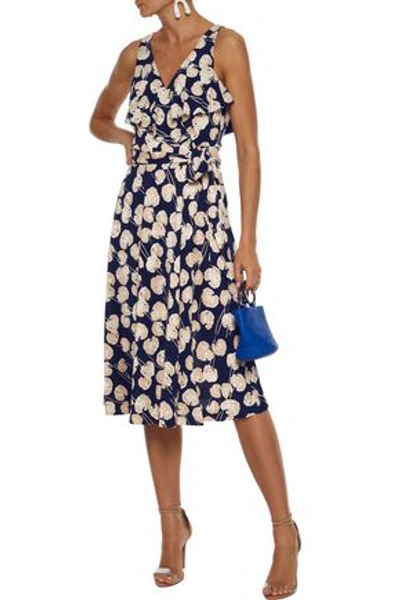 Shop Diane Von Furstenberg Naya Ruffled Printed Silk-jersey Wrap Dress In Midnight Blue