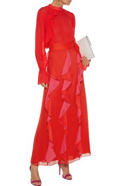 Shop Diane Von Furstenberg Salona Ruffled Two-tone Silk-georgette Maxi Wrap Skirt In Red