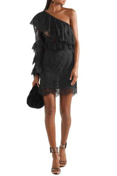 Shop Dundas Ruffled One-shoulder Cotton-blend Lace Mini Dress In Black