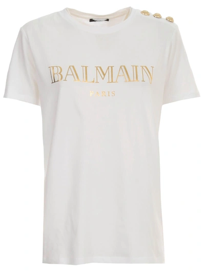 Shop Balmain T-shirt S/s 3 Buttons On Shoulder Metallic Vintage Logo In Gad Blanc Or