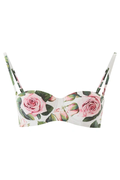 Shop Dolce & Gabbana Balcony Bikini Top With Tropical Rose Print In Rose Rosa Fdo Panna (white)