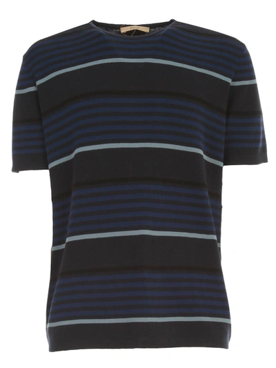 Shop Nuur Striped Sweater S/s Crew Neck Cotton Crepe In Navy