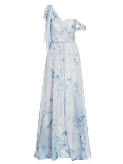 Shop Marchesa Notte One-shoulder Floral Chiffon Pleated Gown In Light Blue