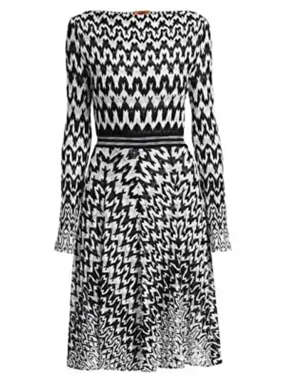 Shop Missoni Long Sleeve Knit Fit-&-flare Dress In Black White