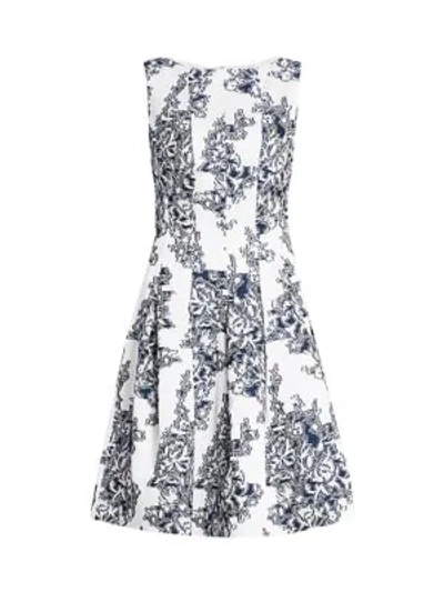 Shop Oscar De La Renta Sleeveless Floral Fit-&-flare Dress In White Indigo