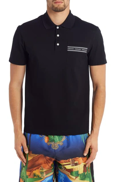 Shop Versace Logo Tape Short Sleeve Pique Pocket Polo In Black