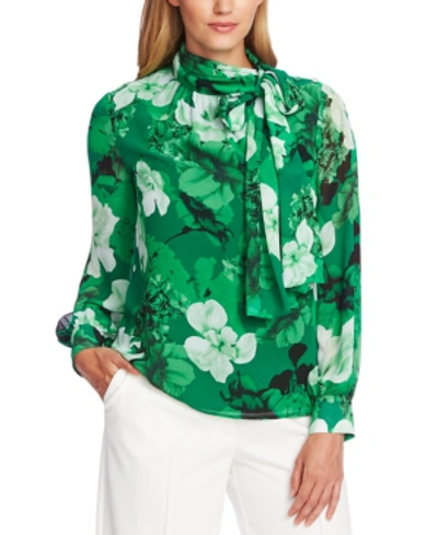 Shop Vince Camuto Floral-print Tie-neck Top In Green/white