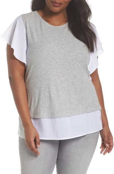 Shop Vince Camuto Ruffle Sleeve Mix Media Top In Grey Heather