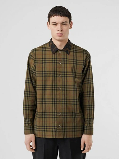 Shop Burberry Contrast Collar Vintage Check Cotton Shirt In Army Green