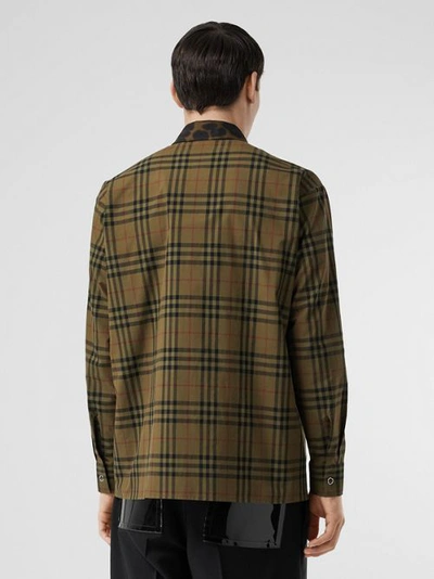 Shop Burberry Contrast Collar Vintage Check Cotton Shirt In Army Green