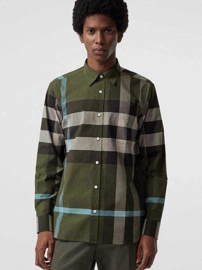 Shop Burberry Check Stretch Cotton Shirt In Antique Green