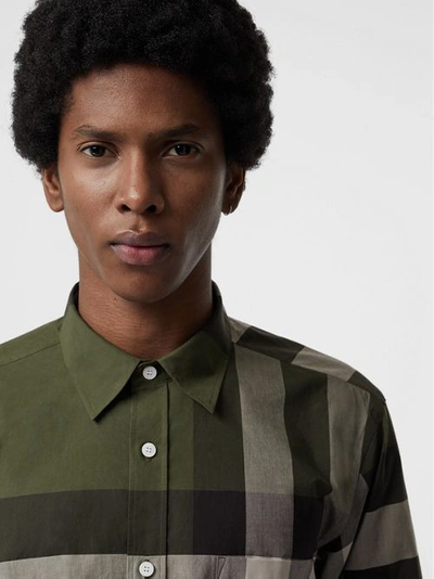 Shop Burberry Check Stretch Cotton Shirt In Antique Green