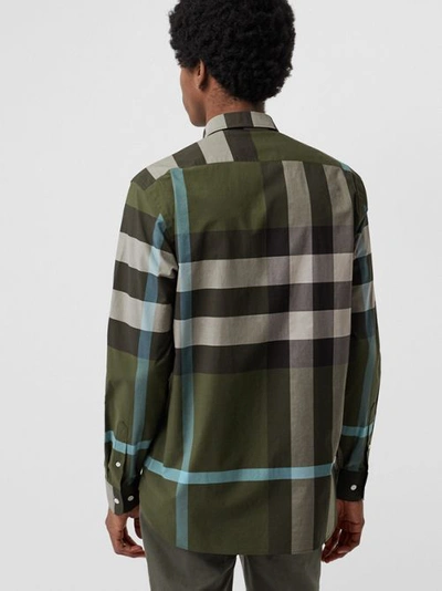 Shop Burberry Check Stretch Cotton Shirt In Antique Green