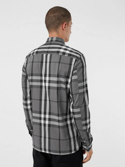 Shop Burberry Check Stretch Cotton Shirt In Charcoal