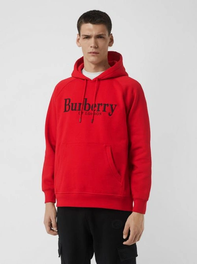 Shop Burberry Embroidered Logo Jersey Hoodie In Bright Red