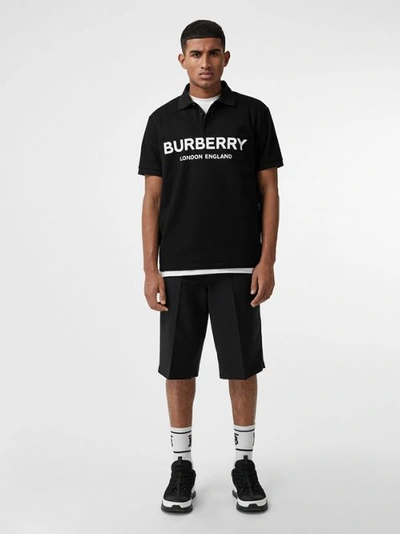 Shop Burberry Logo Print Cotton Piqué Polo Shirt In Black