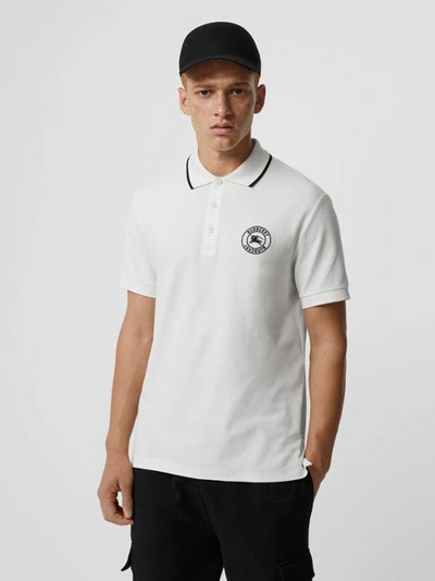 Shop Burberry Embroidered Logo Cotton Piqué Polo Shirt In White