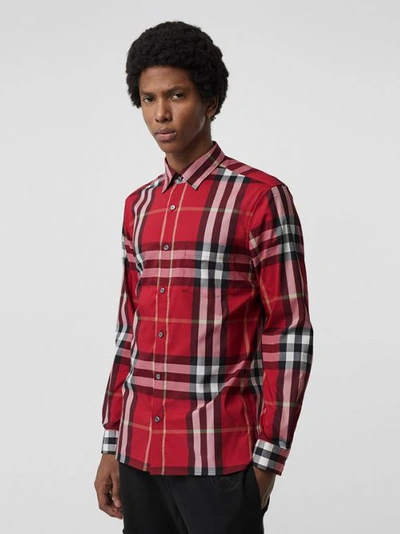 Shop Burberry Check Stretch Cotton Shirt In Parade Red
