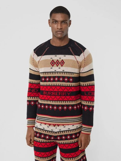 Shop Burberry Icon Stripe Detail Fair Isle Cashmere Sweater In Black