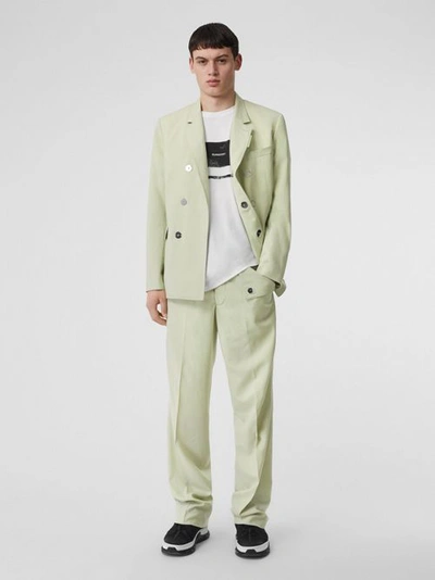 Shop Burberry Tumbled Wool Wide-leg Trousers In Matcha