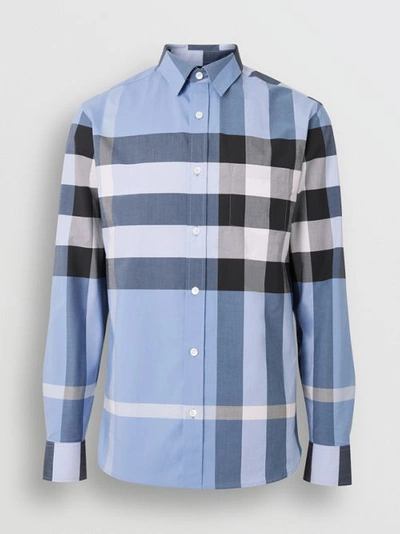 Shop Burberry Check Stretch Cotton Shirt In Cornflower Blue