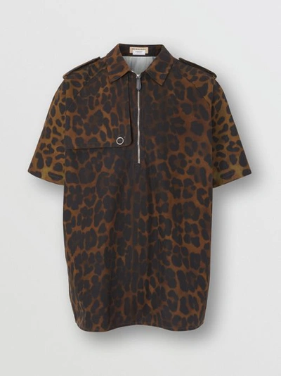 Shop Burberry Short-sleeve Leopard Print Cotton Shirt In Khaki Green
