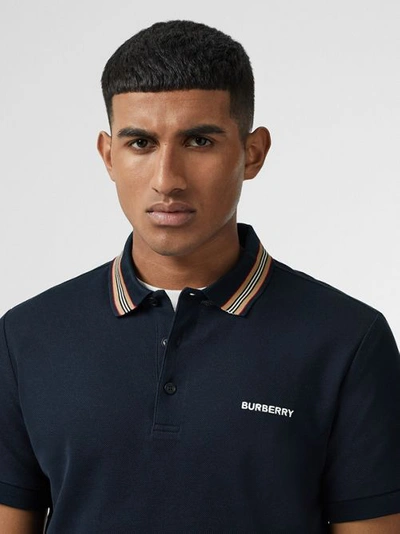 Shop Burberry Icon Stripe Detail Cotton Piqué Polo Shirt In Navy