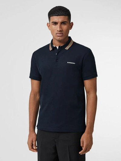 Shop Burberry Icon Stripe Detail Cotton Piqué Polo Shirt In Navy