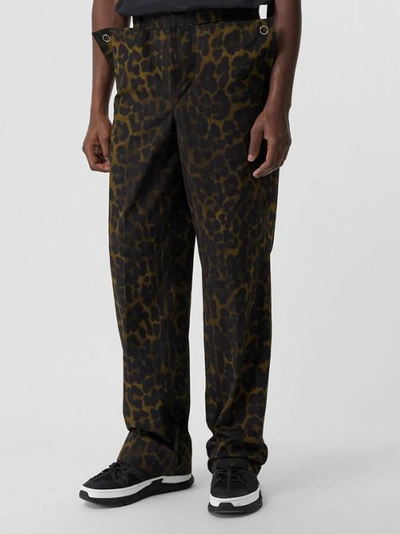 Shop Burberry Relaxed Fit Leopard Print Cotton Trousers In Khaki Green