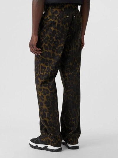 Shop Burberry Relaxed Fit Leopard Print Cotton Trousers In Khaki Green