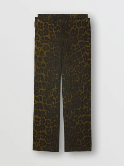 Shop Burberry Relaxed Fit Leopard Print Cotton Trousers In Khaki Green