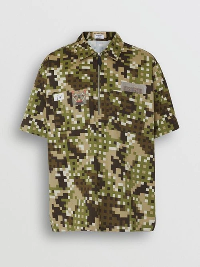 Shop Burberry Short-sleeve Montage Print Cotton Shirt In Khaki