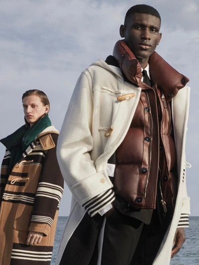 Shop Burberry Stripe Detail Wool Duffle Coat In Camel