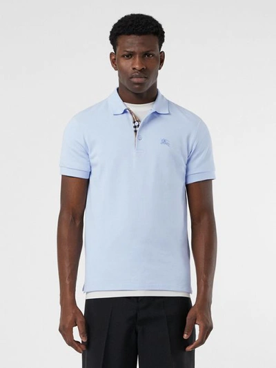 Shop Burberry Check Placket Cotton Polo Shirt In Baby Blue