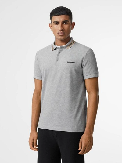 Shop Burberry Icon Stripe Detail Cotton Piqué Polo Shirt In Pale Grey Melange