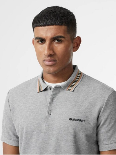 Shop Burberry Icon Stripe Detail Cotton Piqué Polo Shirt In Pale Grey Melange