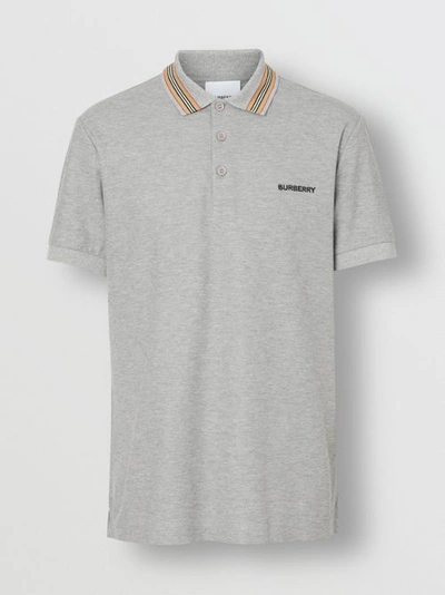 Shop Burberry Icon Stripe Detail Cotton Piqué Polo Shirt In Pale Grey Melange