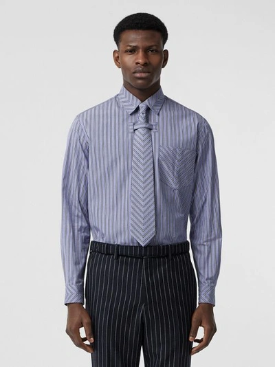 Shop Burberry Chevron Striped Cotton Shirt And Tie Twinset In Pale Blue