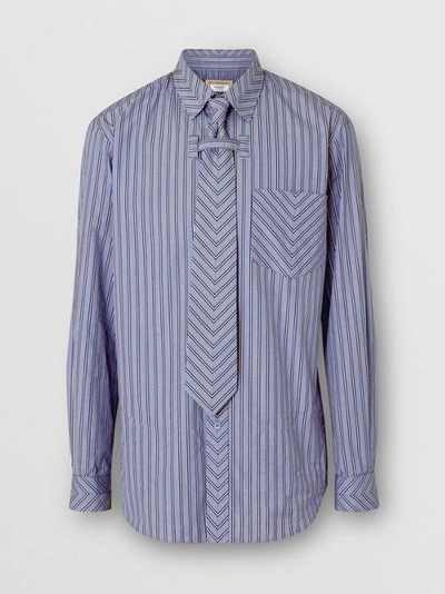 Shop Burberry Chevron Striped Cotton Shirt And Tie Twinset In Pale Blue