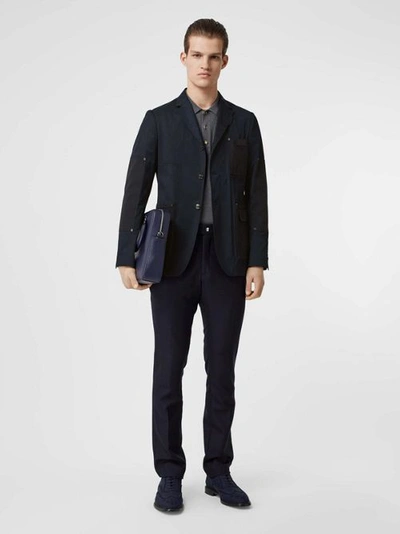 Shop Burberry Herringbone Patch Detail Cotton Twill Blend Jacket In Navy