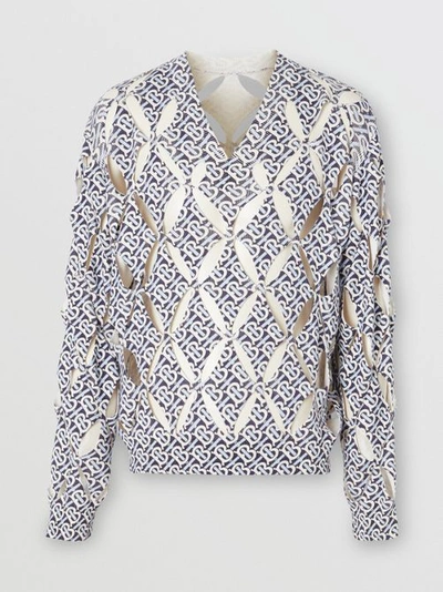 Shop Burberry Cut-out Detail Monogram Print Silk Jumper In Bright Navy