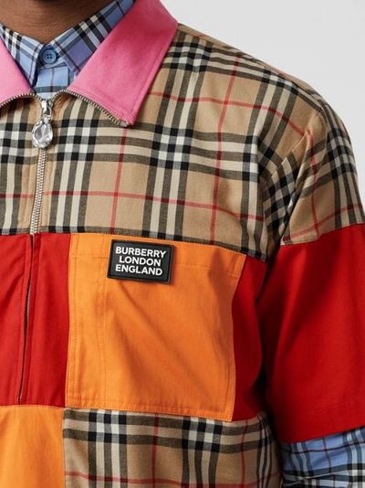 Shop Burberry Short-sleeve Colour Block Vintage Check Cotton Shirt In Archive Beige