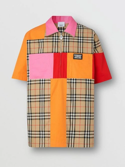 Shop Burberry Short-sleeve Colour Block Vintage Check Cotton Shirt In Archive Beige