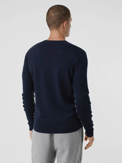 Shop Burberry Check Detail Merino Wool Sweater In Navy