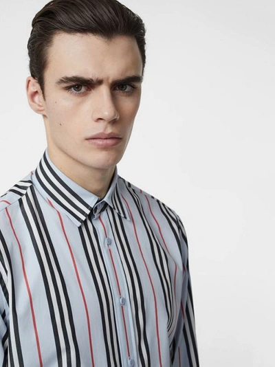 Shop Burberry Icon Stripe Cotton Poplin Shirt In Pale Blue