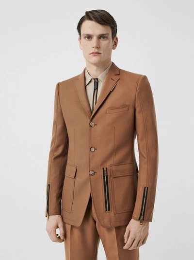 Shop Burberry English Fit Zip Detail Wool Tailored Jacket In Dark Walnut