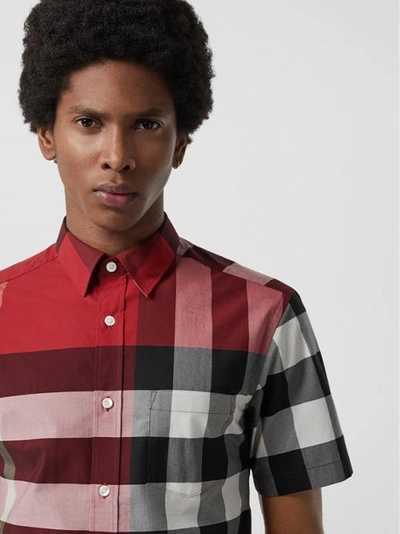 Shop Burberry Short-sleeve Check Stretch Cotton Shirt In Parade Red